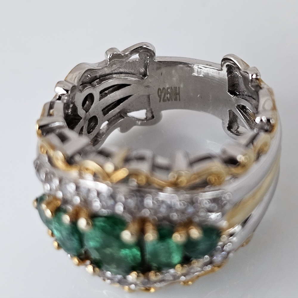 Gems En Vogue Emerald & Zircon Ring Palladium Sterling Silver & 24k Size 7! - Picture 5 of 8
